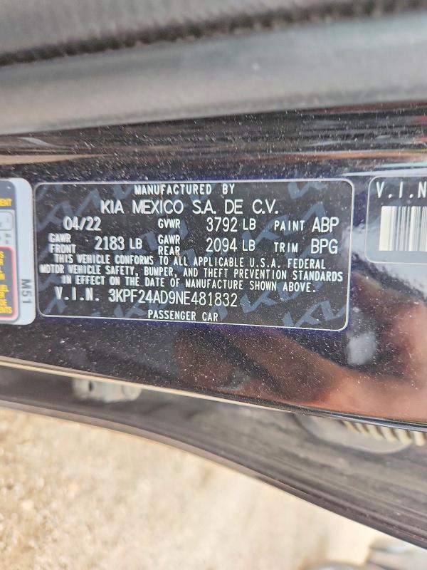 2022 Kia Forte მანქანა იყიდება აუქციონზე, vin: 3KPF24AD9NE481832, აუქციონის ნომერი: 64097916