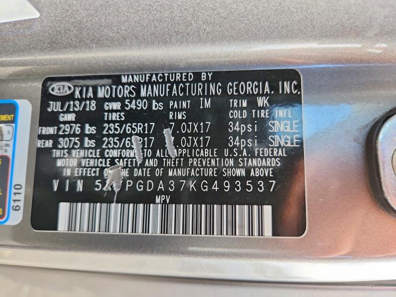 2019 Kia Sorento მანქანა იყიდება აუქციონზე, vin: 5XYPGDA37KG493537, აუქციონის ნომერი: 66921706