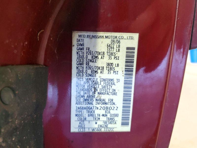 65597686 :رقم المزاد ، 1N6BA06A77N208022 vin ، 2007 Nissan Titan مزاد بيع