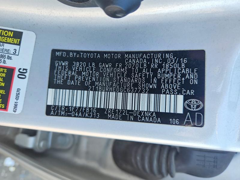 Продажа на аукционе авто 2016 Toyota Corolla, vin: 2T1BURHE0GC637732, номер лота: 64304376