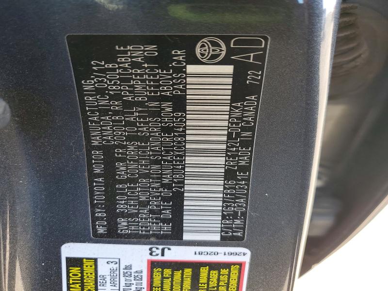 Aukcja sprzedaży 2012 Toyota Corolla, vin: 2T1BU4EEXCC814059, numer aukcji: 64134346