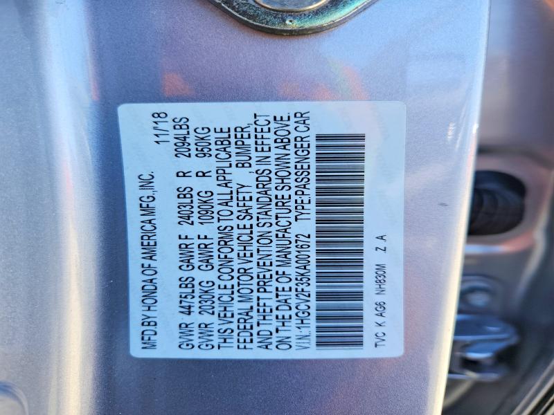 Aukcja sprzedaży 2019 Honda Accord, vin: 1HGCV2F35KA001672, numer aukcji: 65377676