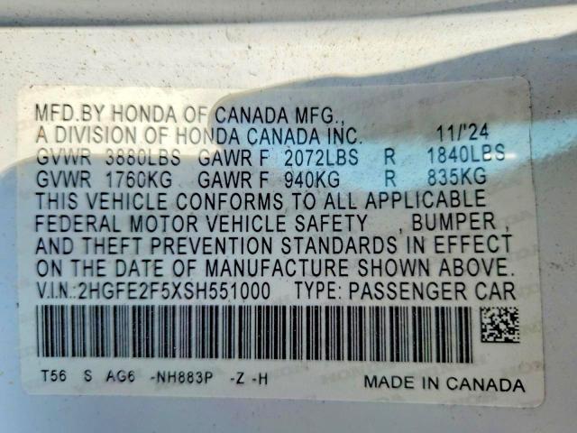 Продаж на аукціоні авто 2025 Honda Civic, vin: 2HGFE2F5XSH551000, номер лоту: 65303696