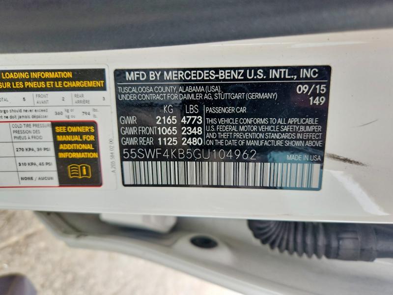 2016 Mercedes-benz C მანქანა იყიდება აუქციონზე, vin: 55SWF4KB5GU104962, აუქციონის ნომერი: 63539066