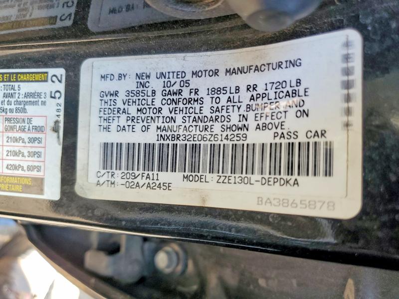 Aukcja sprzedaży 2006 Toyota Corolla, vin: 1NXBR32E06Z614259, numer aukcji: 64276076