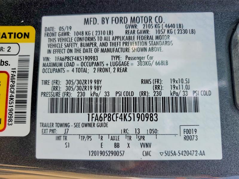 64578296 :رقم المزاد ، 1FA6P8CF4K5190983 vin ، 2019 Ford Mustang مزاد بيع