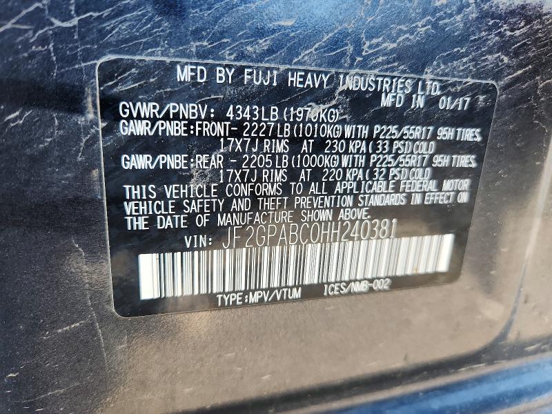 62672086 :رقم المزاد ، JF2GPABC0HH240381 vin ، 2017 Subaru Crosstrek مزاد بيع