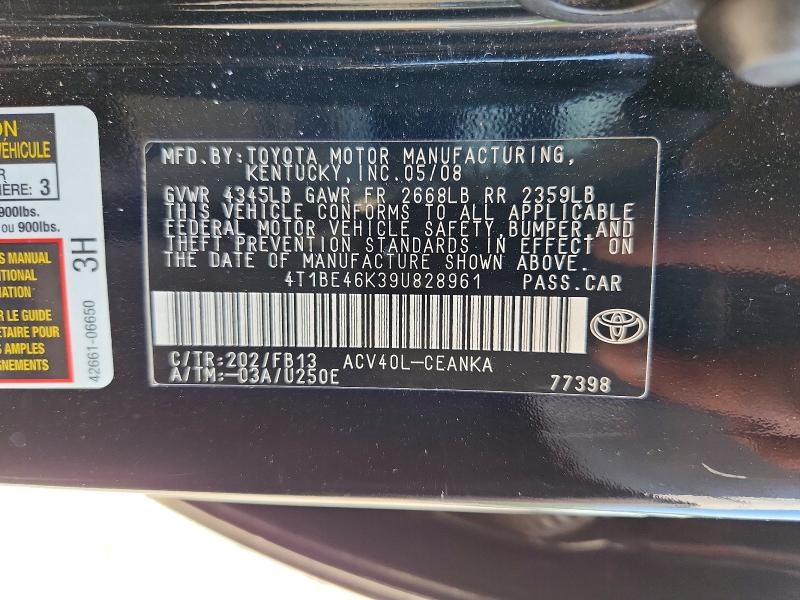 Aukcja sprzedaży 2009 Toyota Camry, vin: 4T1BE46K39U828961, numer aukcji: 63622236