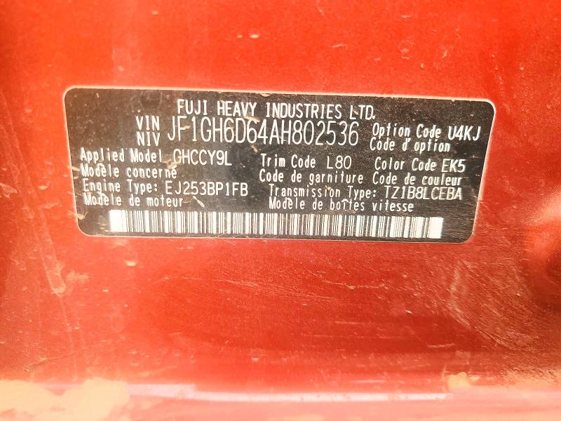 2010 Subaru Impreza მანქანა იყიდება აუქციონზე, vin: JF1GH6D64AH802536, აუქციონის ნომერი: 65740016
