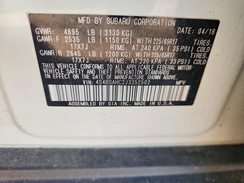 60582326 :رقم المزاد ، 4S4BSAHC2J3352502 vin ، 2018 Subaru Outback مزاد بيع