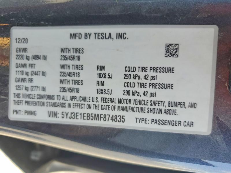 Aukcja sprzedaży 2021 Tesla Model 3, vin: 5YJ3E1EB5MF874835, numer aukcji: 66083726