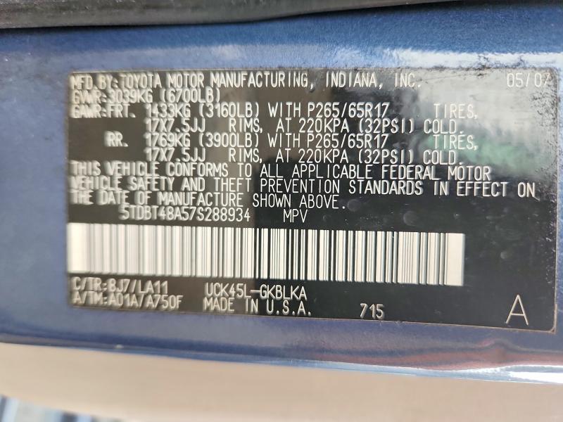 Aukcja sprzedaży 2007 Toyota Sequoia, vin: 5TDBT48A57S288934, numer aukcji: 65195156