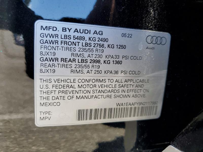 2022 Audi Q5 მანქანა იყიდება აუქციონზე, vin: WA1EAAFY9N2117992, აუქციონის ნომერი: 66383456
