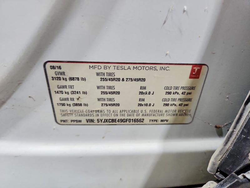 2016 Tesla Model X მანქანა იყიდება აუქციონზე, vin: 5YJXCBE49GF016562, აუქციონის ნომერი: 65206076