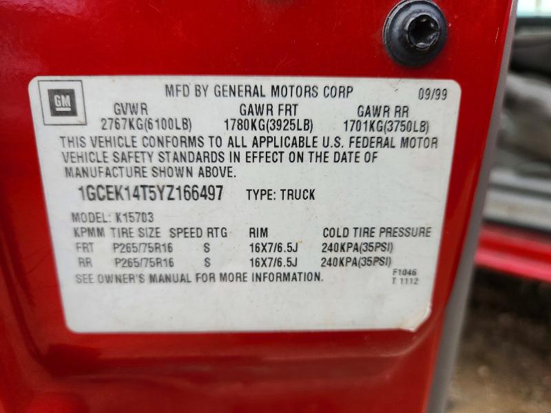 Aukcja sprzedaży 2000 Chevrolet Silverado, vin: 1GCEK14T5YZ166497, numer aukcji: 64667976