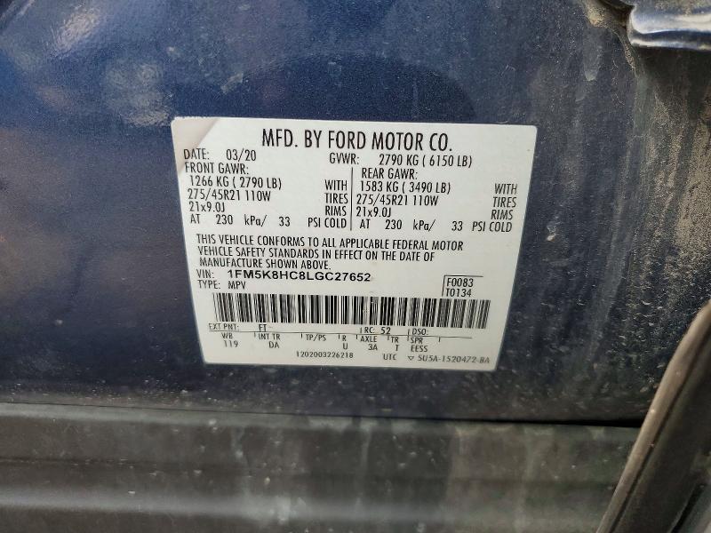 Aukcja sprzedaży 2020 Ford Explorer, vin: 1FM5K8HC8LGC27652, numer aukcji: 64096596