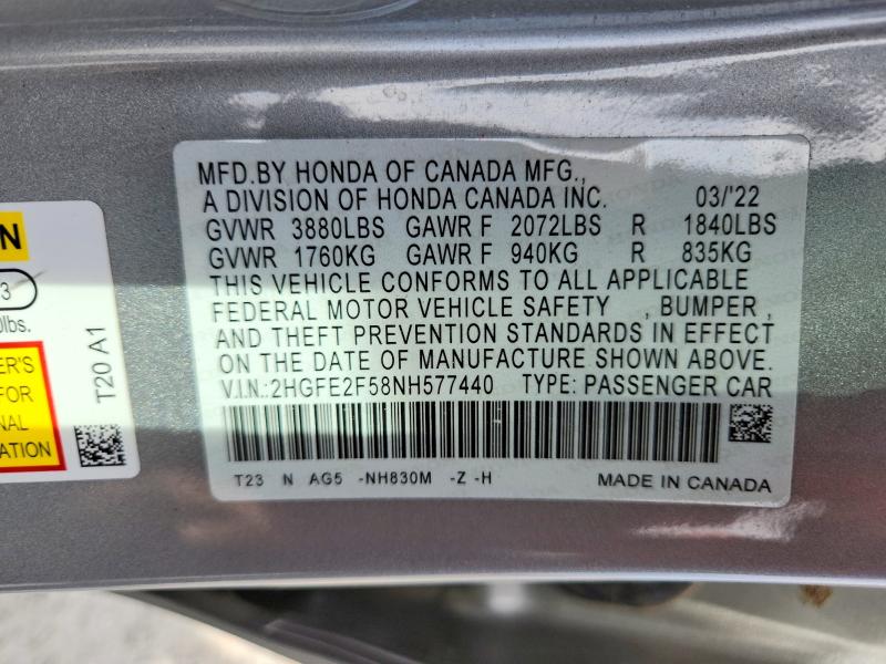 2022 Honda Civic მანქანა იყიდება აუქციონზე, vin: 2HGFE2F58NH577440, აუქციონის ნომერი: 66405776