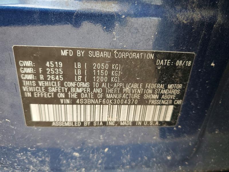 2019 Subaru Legacy მანქანა იყიდება აუქციონზე, vin: 4S3BNAF60K3004370, აუქციონის ნომერი: 64435246