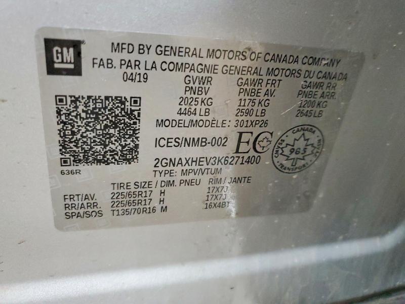 64013626 :رقم المزاد ، 2GNAXHEV3K6271400 vin ، 2019 Chevrolet Equinox مزاد بيع