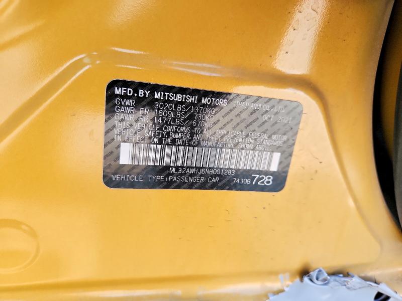 66919266 :رقم المزاد ، ML32AWHJ6NH001283 vin ، 2022 Mitsubishi Mirage مزاد بيع
