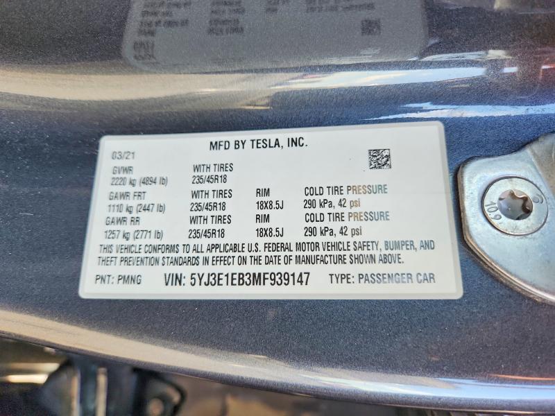 Aukcja sprzedaży 2021 Tesla Model 3, vin: 5YJ3E1EB3MF939147, numer aukcji: 66816616