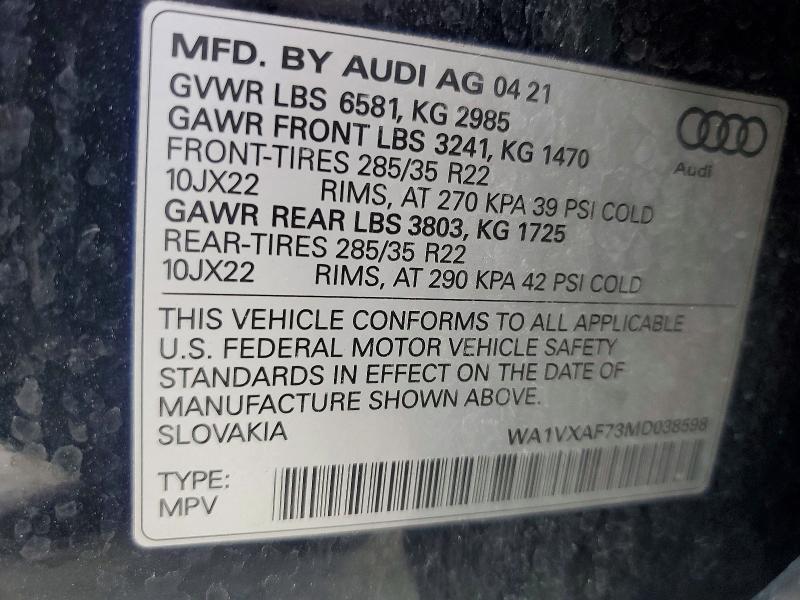 Aukcja sprzedaży 2021 Audi Q7, vin: WA1VXAF73MD038598, numer aukcji: 65482196