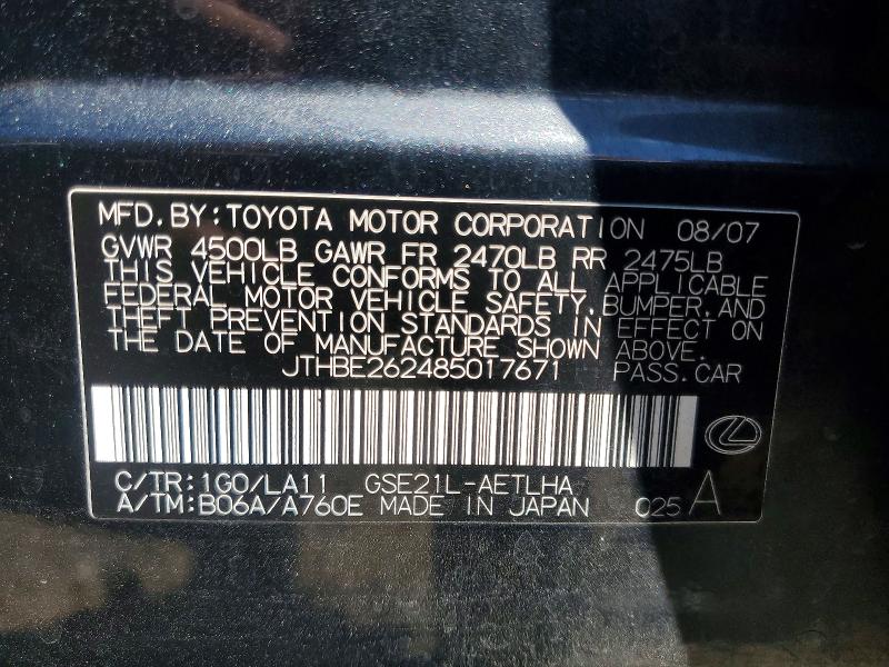 Aukcja sprzedaży 2008 Lexus Is, vin: JTHBE262485017671, numer aukcji: 66402526