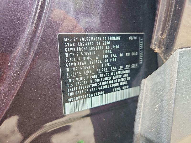 66164676 :رقم المزاد ، WVGBV7AX8GW592605 vin ، 2016 Volkswagen Tiguan مزاد بيع