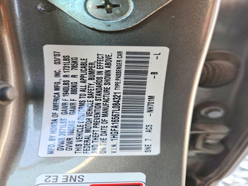 63877836 :رقم المزاد ، 1HGFA16567L084321 vin ، 2007 Honda Civic مزاد بيع