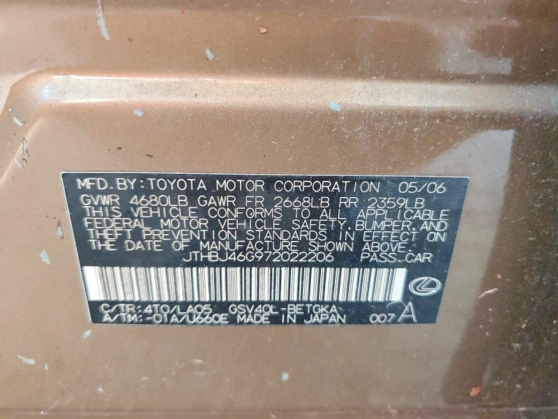 Aukcja sprzedaży 2007 Lexus Es, vin: JTHBJ46G972022206, numer aukcji: 64912446