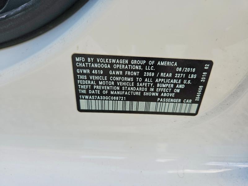 Продаж на аукціоні авто 2016 Volkswagen Passat, vin: 1VWAS7A33GC068721, номер лоту: 66009286