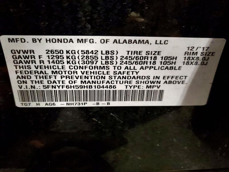 Aukcja sprzedaży 2017 Honda Pilot, vin: 5FNYF6H59HB104486, numer aukcji: 64505186