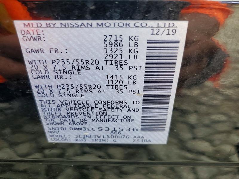 62760156 :رقم المزاد ، 5N1DL0MM3LC531536 vin ، 2020 Infiniti Qx60 مزاد بيع