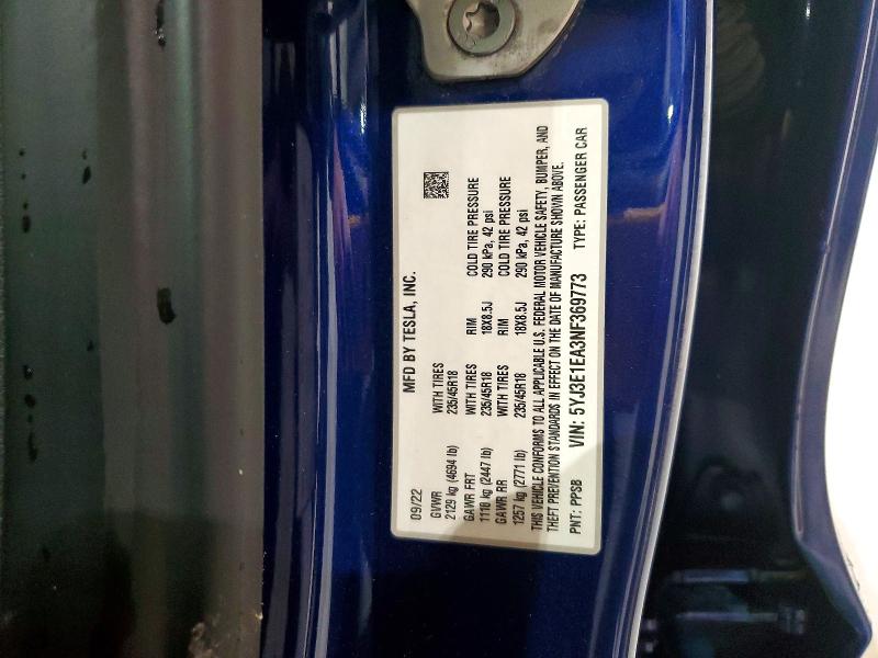 Продаж на аукціоні авто 2022 Tesla Model 3, vin: 5YJ3E1EA3NF369773, номер лоту: 63366026