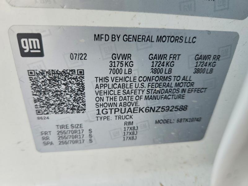 Продаж на аукціоні авто 2022 Gmc Sierra, vin: 1GTPUAEK6NZ592588, номер лоту: 62253386
