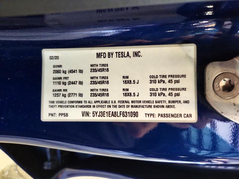 63875386 :رقم المزاد ، 5YJ3E1EA8LF631090 vin ، 2020 Tesla Model 3 مزاد بيع