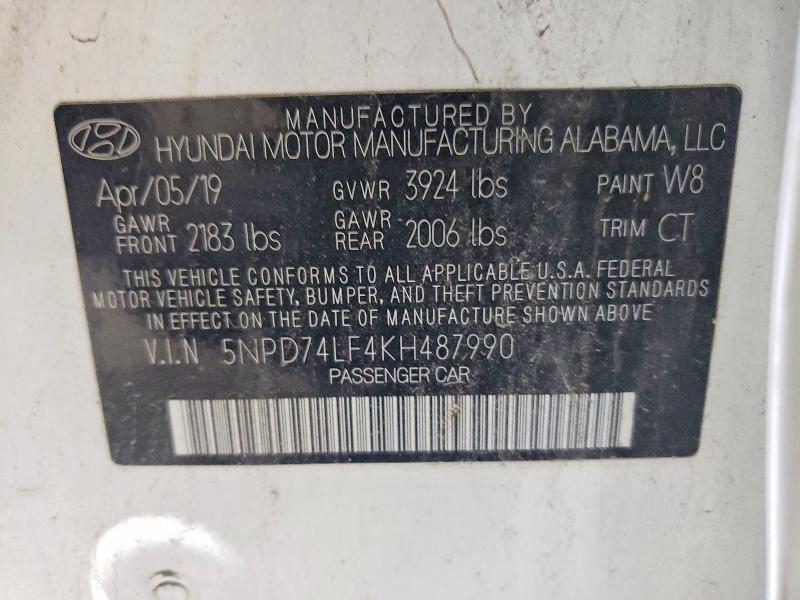 2019 Hyundai Elantra მანქანა იყიდება აუქციონზე, vin: 5NPD74LF4KH487990, აუქციონის ნომერი: 65270686