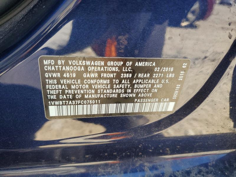 2015 Volkswagen Passat მანქანა იყიდება აუქციონზე, vin: 1VWBT7A37FC075011, აუქციონის ნომერი: 63640646
