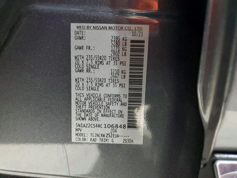 63728636 :رقم المزاد ، 5N1AZ2CS4RC106848 vin ، 2024 Nissan Murano مزاد بيع