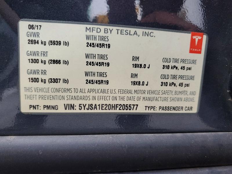 63572486 :رقم المزاد ، 5YJSA1E20HF205577 vin ، 2017 Tesla Model S مزاد بيع