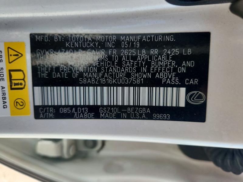 2019 Lexus Es მანქანა იყიდება აუქციონზე, vin: 58ABZ1B16KU037581, აუქციონის ნომერი: 66375596