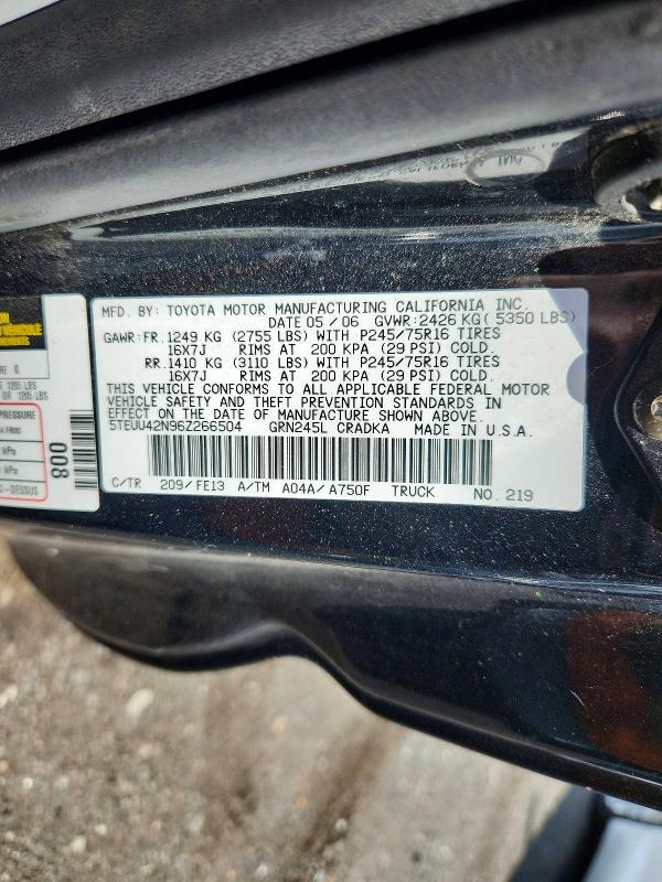 2006 Toyota Tacoma მანქანა იყიდება აუქციონზე, vin: 5TEUU42N96Z266504, აუქციონის ნომერი: 64099736