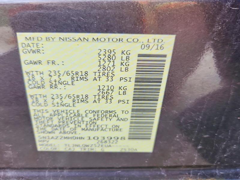 Продаж на аукціоні авто 2017 Nissan Murano, vin: 5N1AZ2MH0HN103998, номер лоту: 64773826