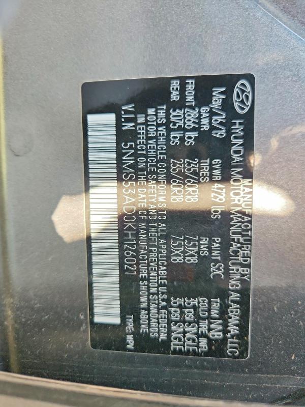 Auction sale of the 2019 Hyundai Santa Fe, vin: 5NMS53AD0KH126021, lot number: 66148296