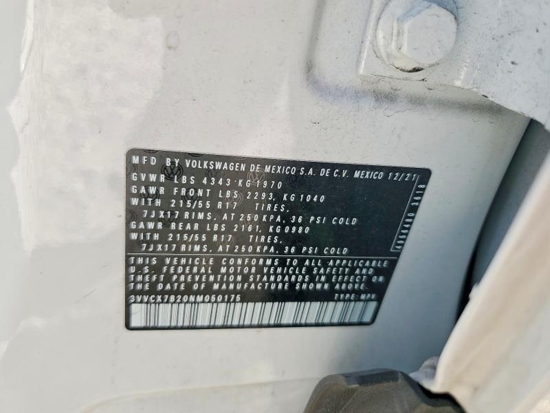 2022 Volkswagen Taos მანქანა იყიდება აუქციონზე, vin: 3VVCX7B20NM050175, აუქციონის ნომერი: 65077286
