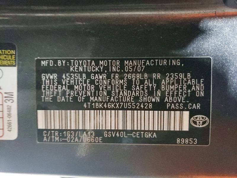 64296836 :رقم المزاد ، 4T1BK46KX7U552428 vin ، 2007 Toyota Camry مزاد بيع