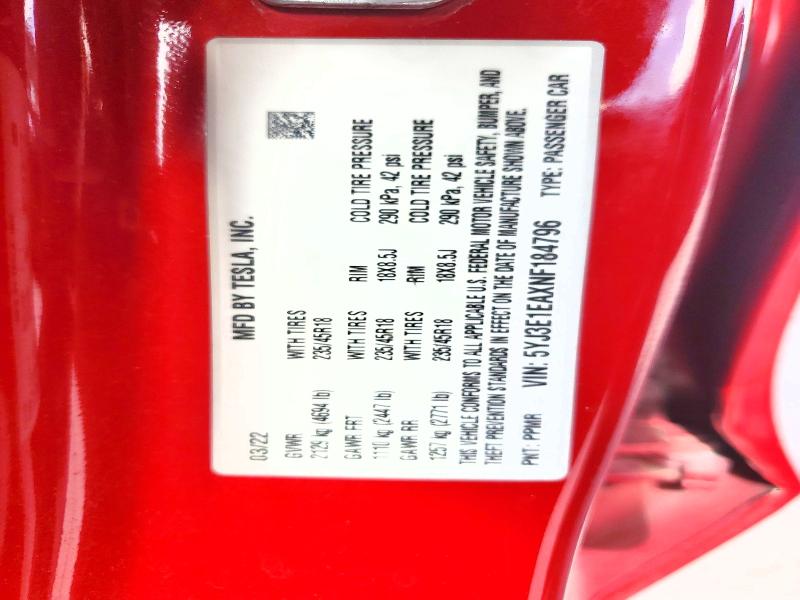Aukcja sprzedaży 2022 Tesla Model 3, vin: 5YJ3E1EAXNF184796, numer aukcji: 64239056