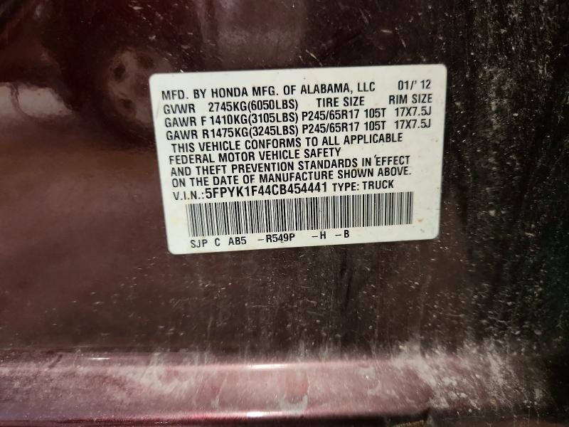 Продаж на аукціоні авто 2012 Honda Ridgeline, vin: 5FPYK1F44CB454441, номер лоту: 64980526
