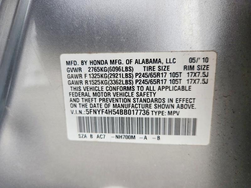 Auction sale of the 2011 Honda Pilot, vin: 5FNYF4H54BB017736, lot number: 65457846