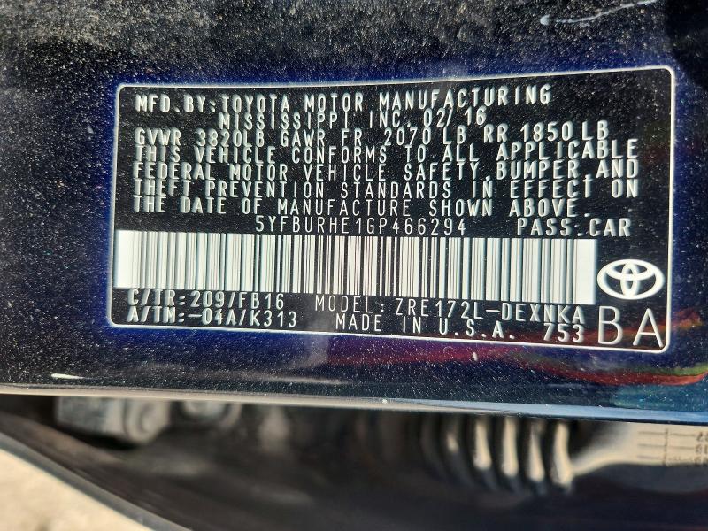 Aukcja sprzedaży 2016 Toyota Corolla, vin: 5YFBURHE1GP466294, numer aukcji: 67034496